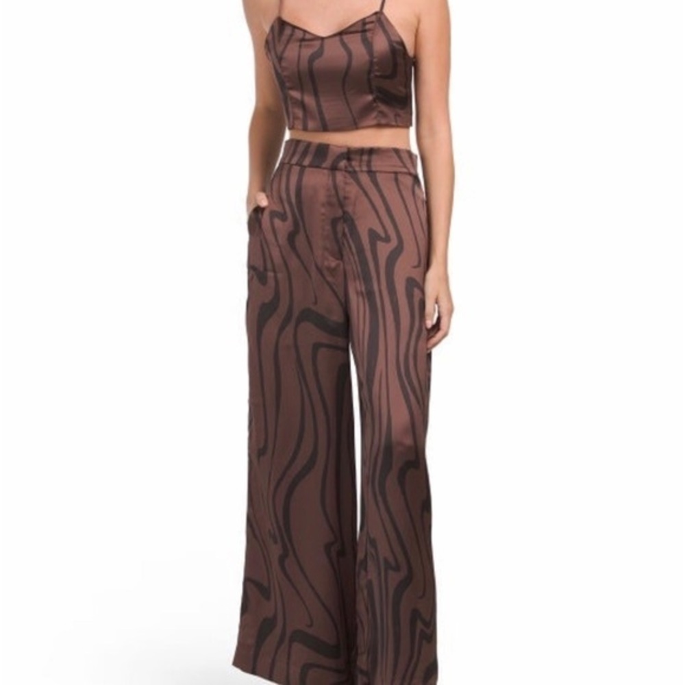 House Of Harlow 1960 Ànimal Print Black Brown Satin Wide Leg Pants